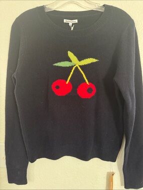 NWT Reformation Crewneck 100% Wool Sweater with Navy Blue w/ Red Cherry Motif